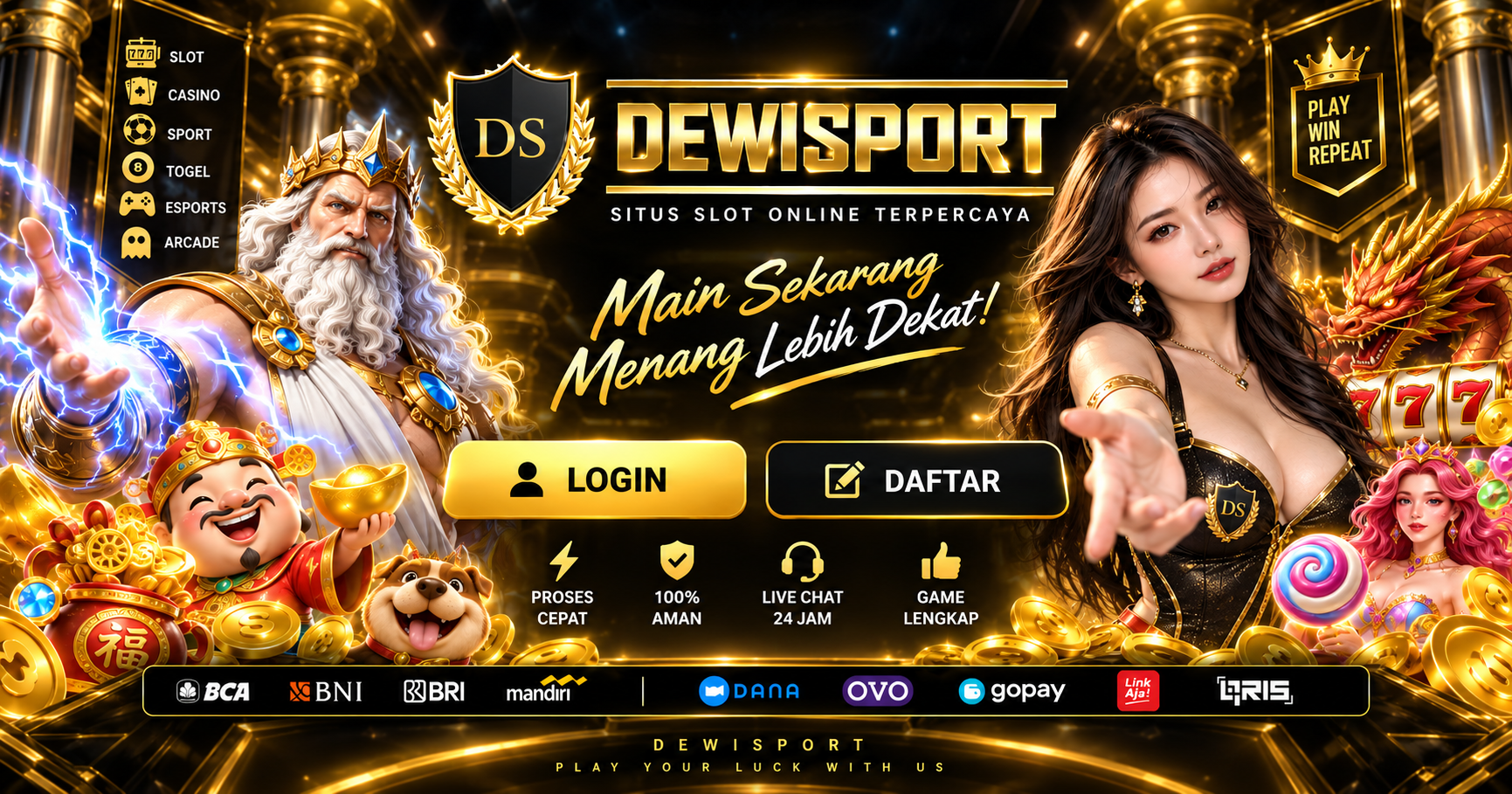 Banner DEWISPORT bertema hitam dan emas