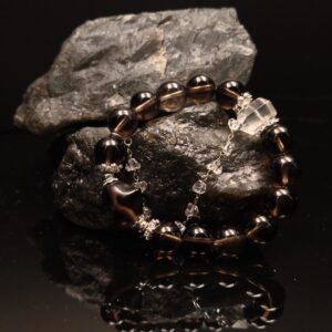 12mm smoky quartz heart shaped stone with double tips, clear quartz, 38g, 16cm 17cm in diameter.