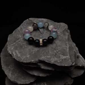 14mm white phantom quartz, green phantom quartz, aquamarine, lavender amethyst, obsidian, 14k gold plated accessory, 52g, 16cm 17cm inner diameter