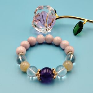 12mm kunzite, clear quartz, golden rutilated quartz, brazilian amethyst, 14k gold plated jewelry, 49 grams, 16cm 17cm inner diameter