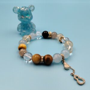 12mm blue chalcedony, lemon yellow obsidian, clear quartz, tiger's eye, 14k gold plated accessory, 47g, inner diameter 16cm 17cm